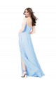 Bleu ciel clair Fourreau Bretelles spaghetti Col Carré Mousseline Longue Robes demoiselle d'honneur Pas Chère