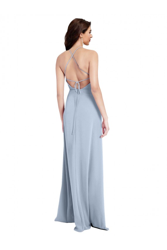 Bleu ciel clair Fourreau Licou Col Haut Crêpe Stretch Longue Formelles Robes demoiselle d'honneur / Robes de soirée / Robes de bal Pas Chère