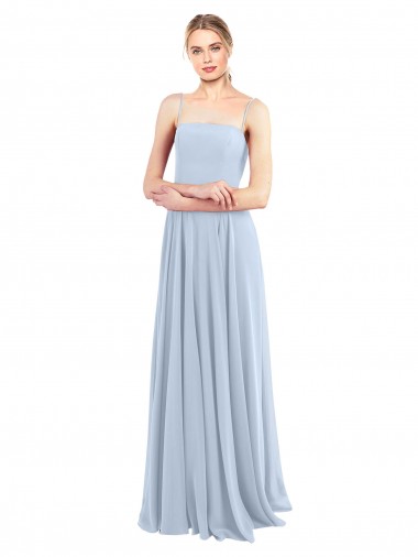 Bleu ciel clair Trapèze Bretelles spaghetti Col Carré Mousseline Longue Robes demoiselle d'honneur Pas Chre