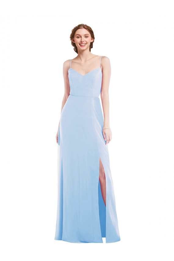 Bleu ciel clair Trapèze Bretelles spaghetti Col V Mousseline Longue Formelles Robes demoiselle d'honneur / Robes de soirée Pas Chère