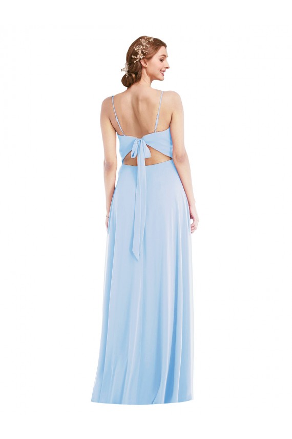 Bleu ciel clair Trapèze Bretelles spaghetti Col V Mousseline Longue Formelles Robes demoiselle d'honneur / Robes de soirée Pas Chère