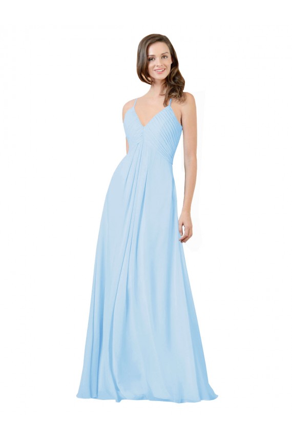 Bleu ciel clair Trapèze Bretelles spaghetti Col V Mousseline Longue Robes demoiselle d'honneur Pas Chère