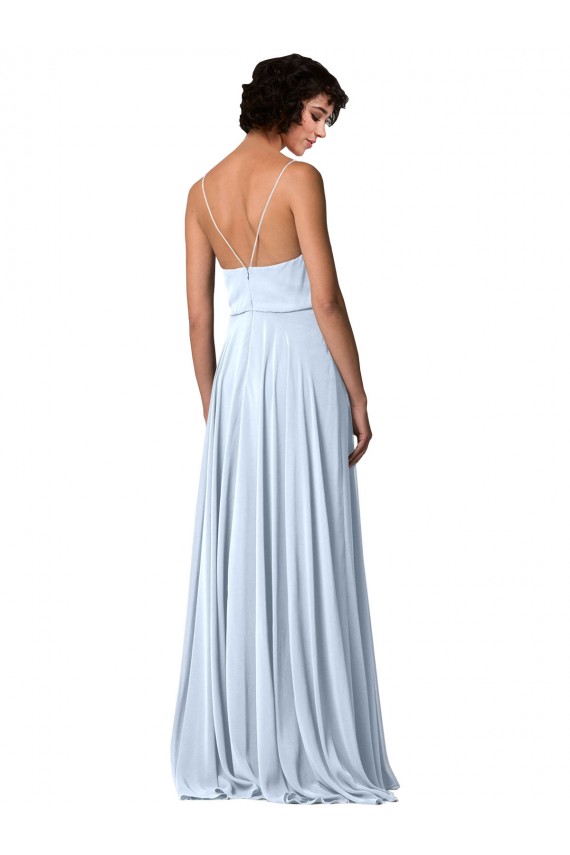 Bleu ciel clair Trapèze Bretelles spaghetti Col V Mousseline Longue Robes demoiselle d'honneur Pas Chère