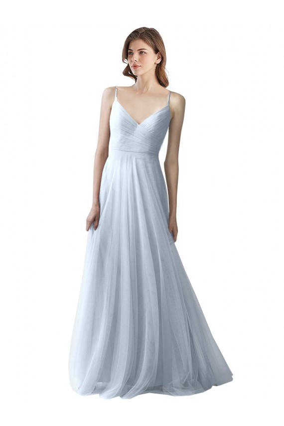 Bleu ciel clair Trapèze Bretelles spaghetti Col V Tulle Longue Robes demoiselle d'honneur Pas Chère