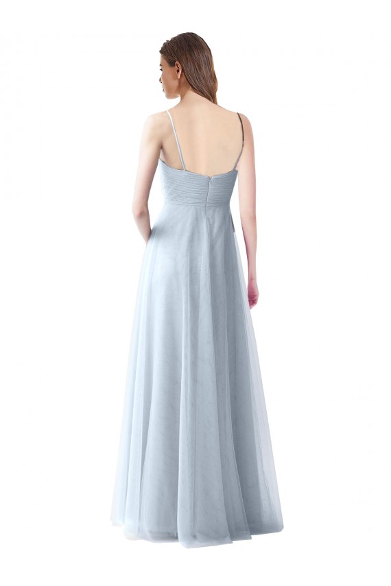 Bleu ciel clair Trapèze Bretelles spaghetti Col V Tulle Longue Robes demoiselle d'honneur Pas Chère
