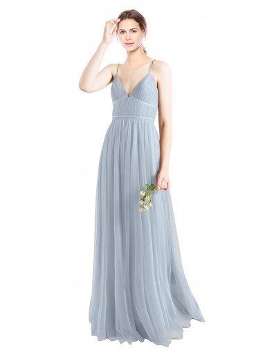 Bleu ciel clair Trapèze Bretelles spaghetti Col V Tulle Longue Robes demoiselle d'honneur Pas Chre