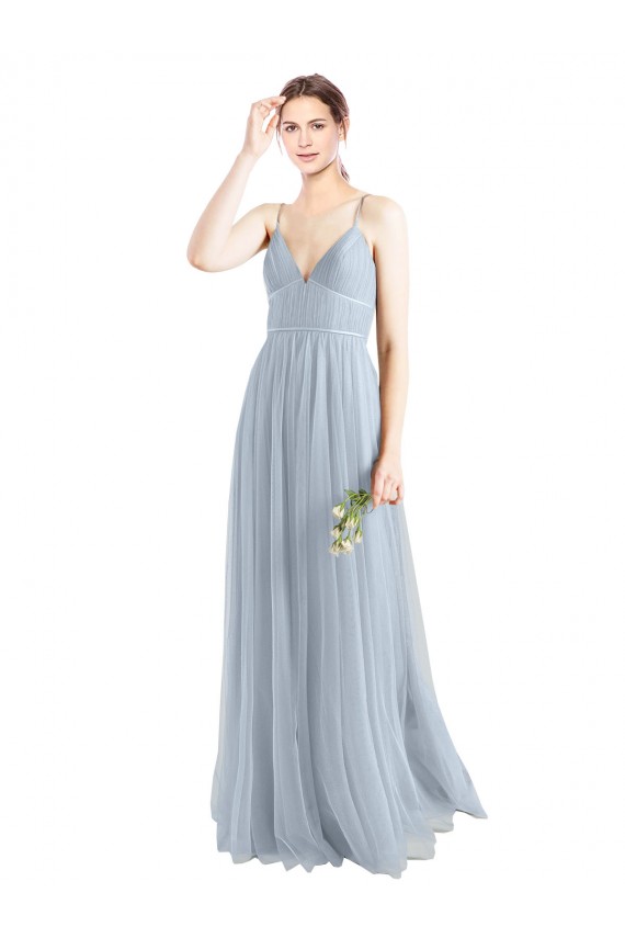 Bleu ciel clair Trapèze Bretelles spaghetti Col V Tulle Longue Robes demoiselle d'honneur Pas Chère
