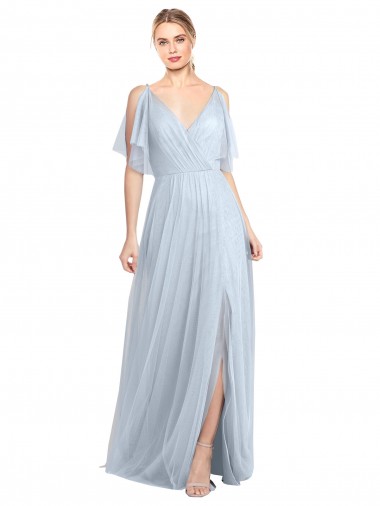 Bleu ciel clair Trapèze Bretelles spaghetti Col V Tulle Longue Robes demoiselle d'honneur Pas Chre