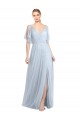 Bleu ciel clair Trapèze Bretelles spaghetti Col V Tulle Longue Robes demoiselle d'honneur Pas Chère
