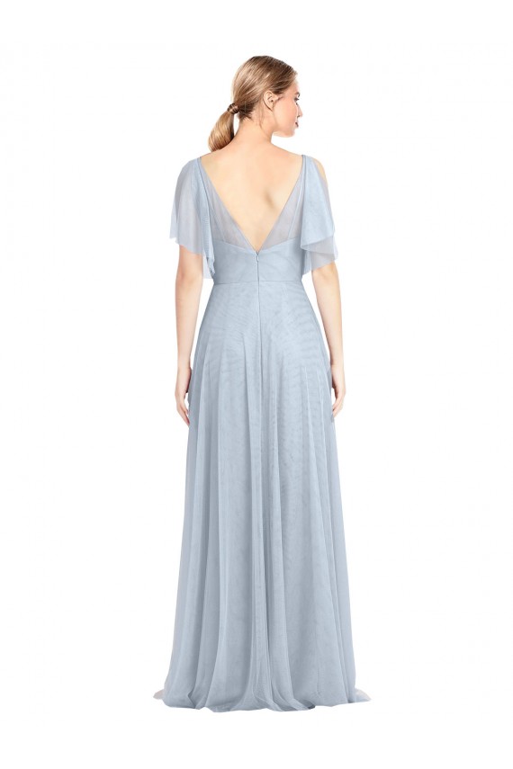 Bleu ciel clair Trapèze Bretelles spaghetti Col V Tulle Longue Robes demoiselle d'honneur Pas Chère