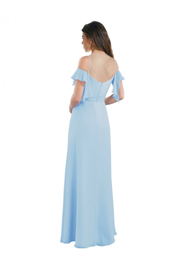 Bleu ciel clair Trapèze Bretelles spaghetti Mousseline Longue Robes demoiselle d'honneur Pas Chère