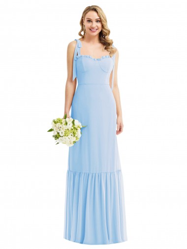 Bleu ciel clair Trapèze Bretelles spaghetti Mousseline Longue Robes demoiselle d'honneur Pas Chre