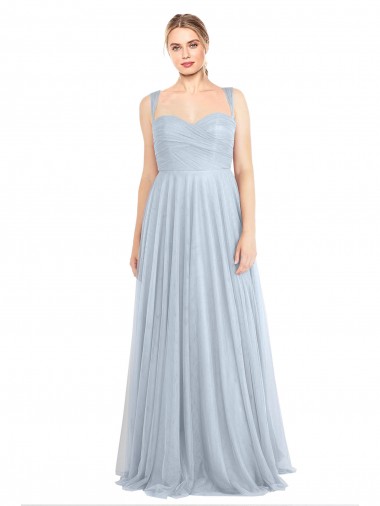 Bleu ciel clair Trapèze Bretelles spaghetti Tulle Longue Robes demoiselle d'honneur Pas Chre