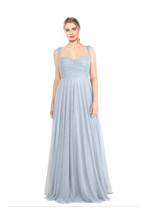Bleu ciel clair Trapèze Bretelles spaghetti Tulle Longue Robes demoiselle d'honneur Pas Chère