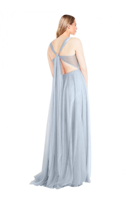 Bleu ciel clair Trapèze Bretelles spaghetti Tulle Longue Robes demoiselle d'honneur Pas Chère