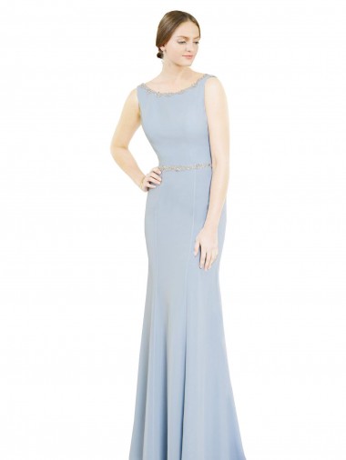 Bleu ciel clair Trapèze Col Bateau Col Haut Mousseline Longue Robes demoiselle d'honneur Pas Chre
