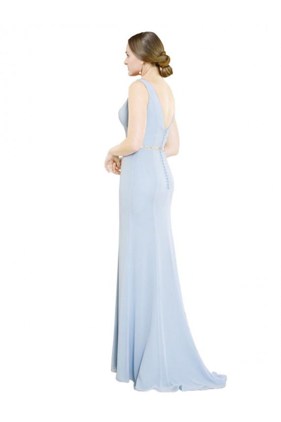 Bleu ciel clair Trapèze Col Bateau Col Haut Mousseline Longue Robes demoiselle d'honneur Pas Chère