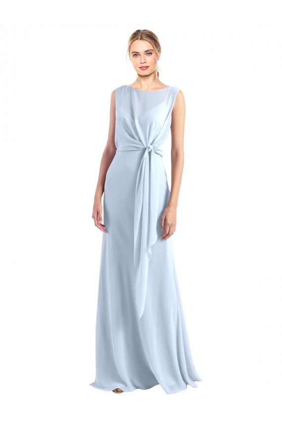 Bleu ciel clair Trapèze Col V Mousseline Longue Robes demoiselle d'honneur Pas Chère