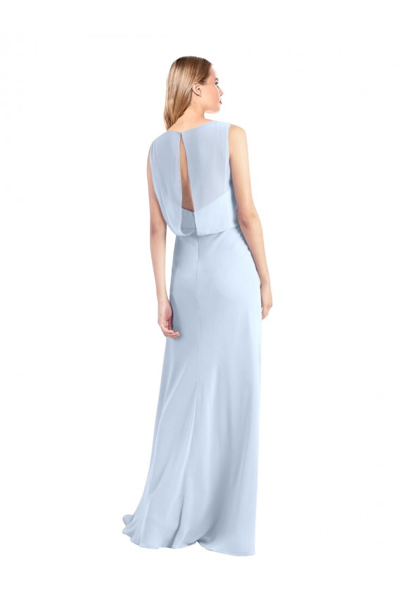 Bleu ciel clair Trapèze Col V Mousseline Longue Robes demoiselle d'honneur Pas Chère