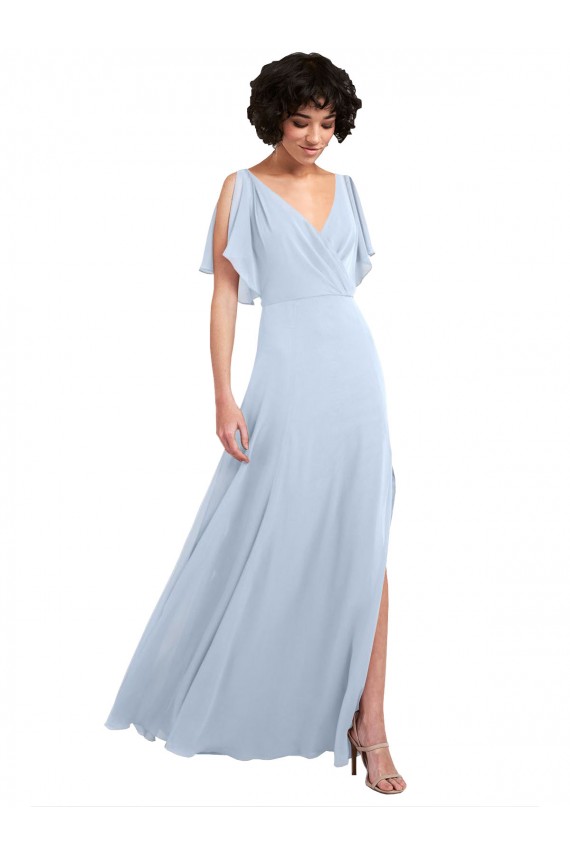 Bleu ciel clair Trapèze Col V Mousseline Longue Robes demoiselle d'honneur Pas Chère