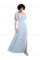 Bleu ciel clair Trapèze Col V Mousseline Longue Robes demoiselle d'honneur Pas Chère