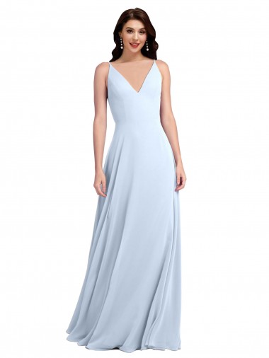 Bleu ciel clair Trapèze Col V Mousseline Longue Robes demoiselle d'honneur Pas Chre