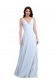 Bleu ciel clair Trapèze Col V Mousseline Longue Robes demoiselle d'honneur Pas Chère