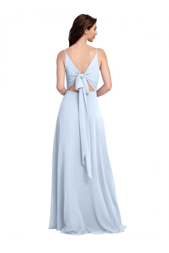 Bleu ciel clair Trapèze Col V Mousseline Longue Robes demoiselle d'honneur Pas Chère
