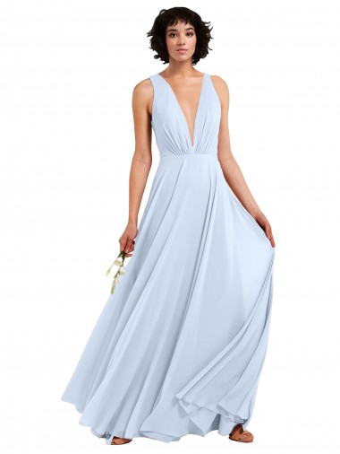 Bleu ciel clair Trapèze Col V Mousseline Longue Robes demoiselle d'honneur Pas Chre