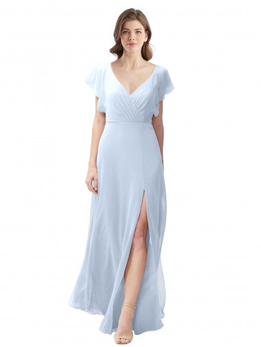 Bleu ciel clair Trapèze Col V Mousseline Longue Robes demoiselle d'honneur Pas Chre