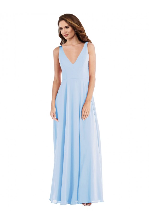 Bleu ciel clair Trapèze Col V Mousseline Longue Robes demoiselle d'honneur Pas Chère