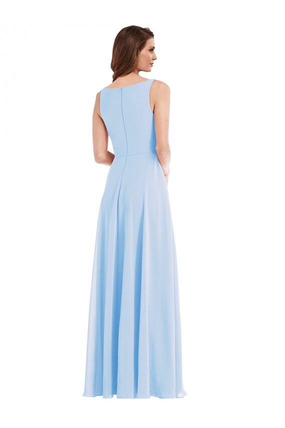 Bleu ciel clair Trapèze Col V Mousseline Longue Robes demoiselle d'honneur Pas Chère