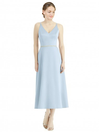 Bleu ciel clair Trapèze Col V Satiné Longue Robes demoiselle d'honneur Pas Chre
