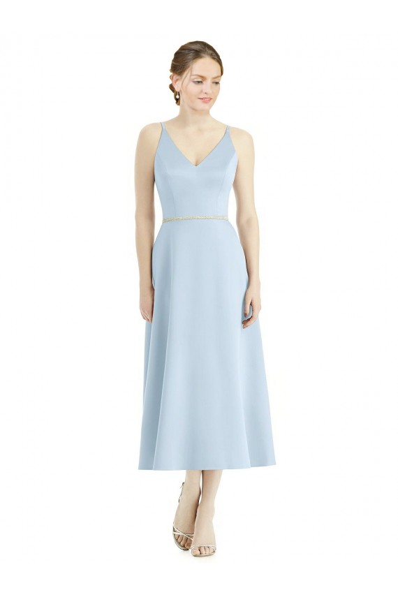 Bleu ciel clair Trapèze Col V Satiné Longue Robes demoiselle d'honneur Pas Chère