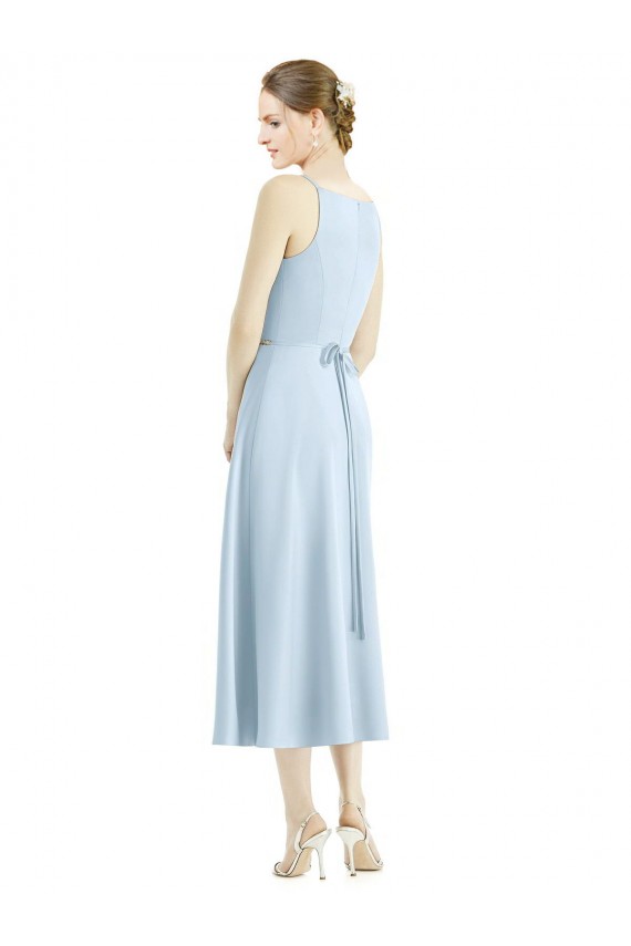 Bleu ciel clair Trapèze Col V Satiné Longue Robes demoiselle d'honneur Pas Chère