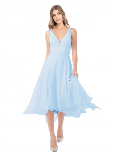 Bleu ciel clair Trapèze Col V midi Mousseline Courte Robes demoiselle d'honneur / Robes de cocktail Pas Chre