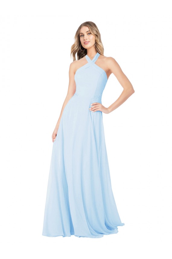 Bleu ciel clair Trapèze Licou Col Haut Mousseline Longue Robes demoiselle d'honneur Pas Chère