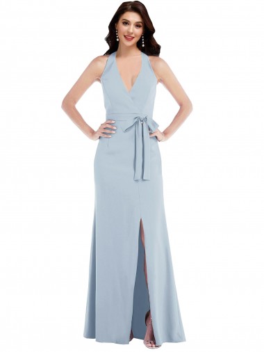 Bleu ciel clair Trapèze Licou Col V Crêpe Stretch Longue Formelles Robes demoiselle d'honneur / Robes de soirée / Robes de bal Pas Chre