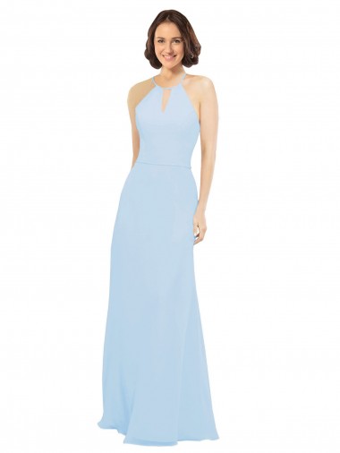 Bleu ciel clair Trapèze Licou Mousseline Longue Robes demoiselle d'honneur Pas Chre
