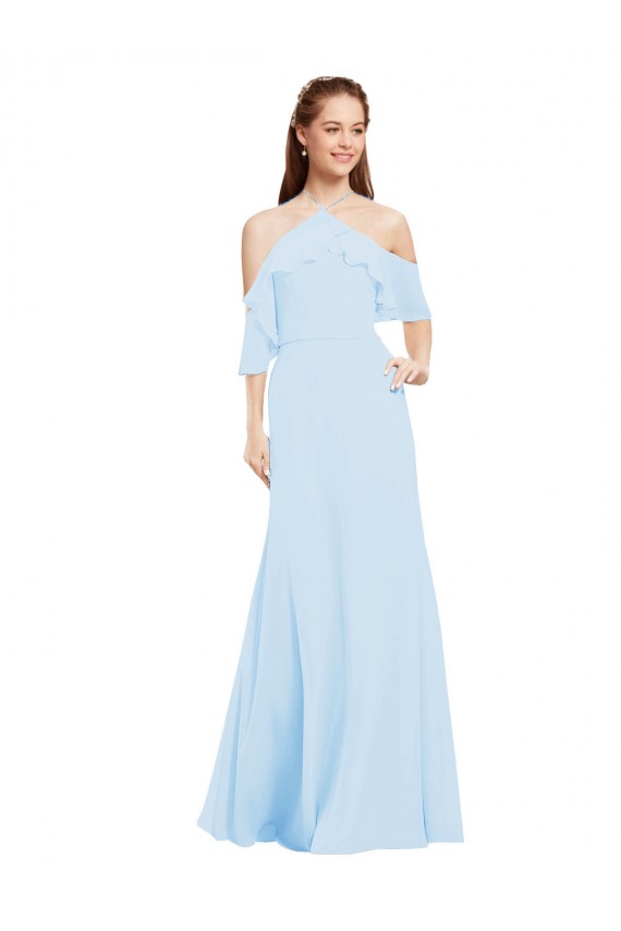 Bleu ciel clair Trapèze Licou Mousseline Longue Robes demoiselle d'honneur Pas Chère