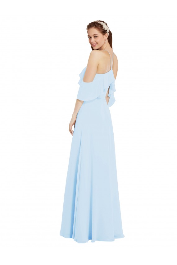 Bleu ciel clair Trapèze Licou Mousseline Longue Robes demoiselle d'honneur Pas Chère