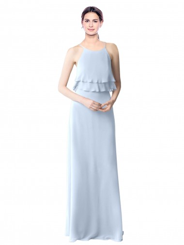 Bleu ciel clair Trapèze Licou Mousseline Longue Robes demoiselle d'honneur Pas Chre