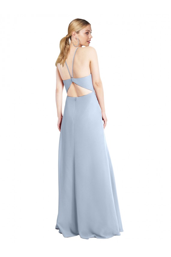 Bleu ciel clair Trapèze Licou Mousseline Longue Robes demoiselle d'honneur Pas Chère