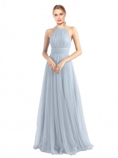 Bleu ciel clair Trapèze Licou Tulle Longue Robes demoiselle d'honneur Pas Chre