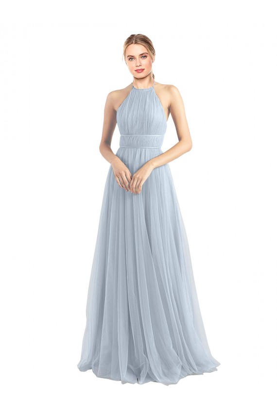 Bleu ciel clair Trapèze Licou Tulle Longue Robes demoiselle d'honneur Pas Chère