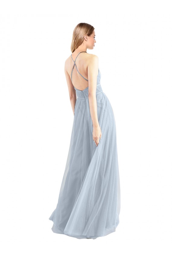 Bleu ciel clair Trapèze Licou Tulle Longue Robes demoiselle d'honneur Pas Chère