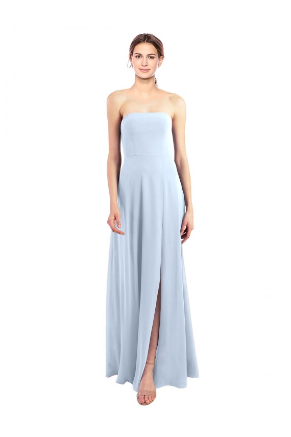 Bleu ciel clair Trapèze Sans bretelle Mousseline Longue Robes demoiselle d'honneur Pas Chère