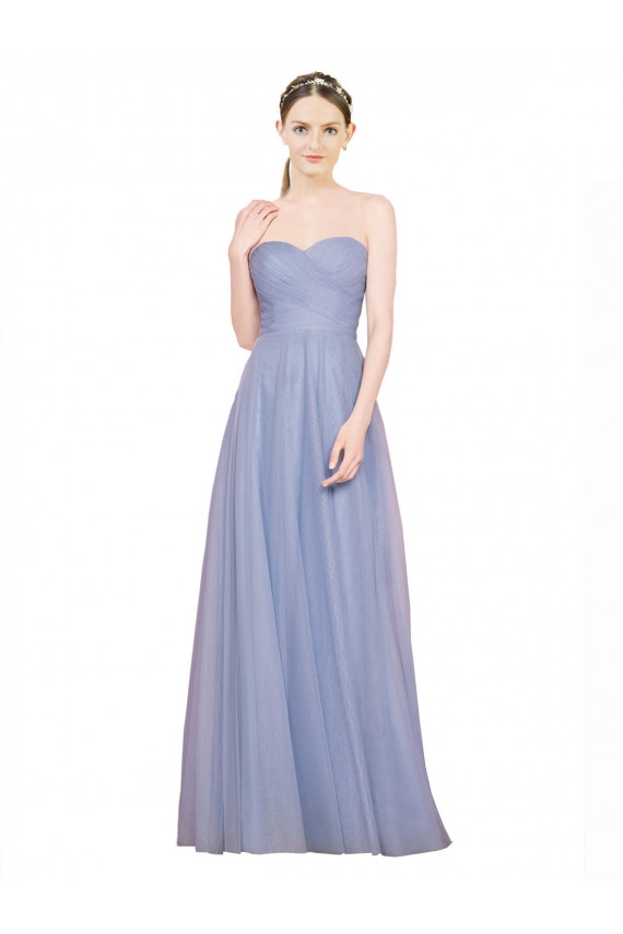 Bleu ciel clair Trapèze Sans bretelle Tulle Longue Robes demoiselle d'honneur Pas Chère