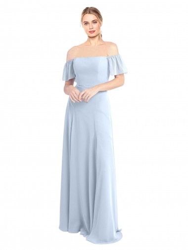 Bleu ciel clair Trapèze Épaule Dénudée Col Carré Mousseline Longue Robes demoiselle d'honneur Pas Chre