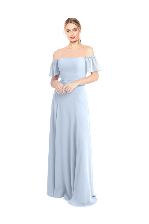 Bleu ciel clair Trapèze Épaule Dénudée Col Carré Mousseline Longue Robes demoiselle d'honneur Pas Chère